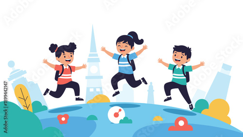 Three happy school children jumping for joy on top of the world with a city skyline and park in the background.