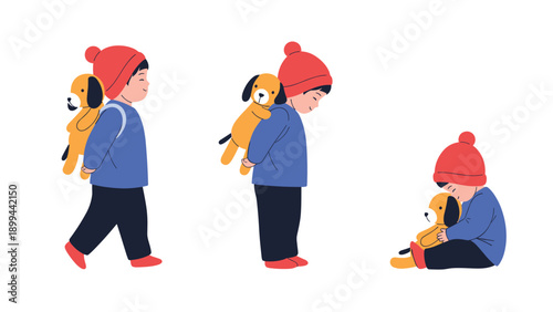 Little boy in a red hat shown in three poses carrying a stuffed dog and sitting down to hug his favorite toy.