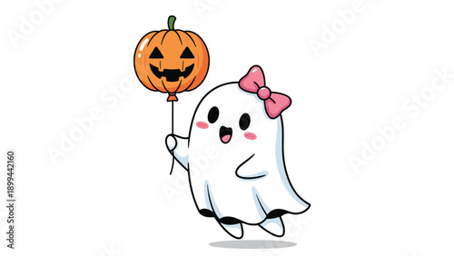 Cute little ghost character with a pink bow holding a smiling jack o lantern pumpkin balloon in a friendly Halloween illustration.