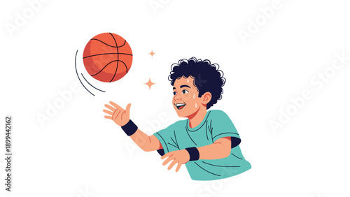 Young boy jumping and reaching for a basketball in mid air with sweat droplets showing his intense physical activity and effort.