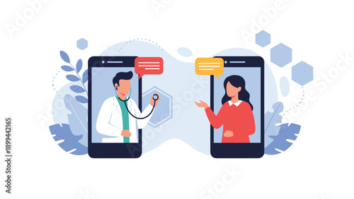 Online medical consultation concept featuring a doctor and patient communicating through video calls on their mobile smartphones.