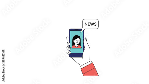 Hand holding a smartphone displaying a news update with a female reporter on the screen for digital media concepts.