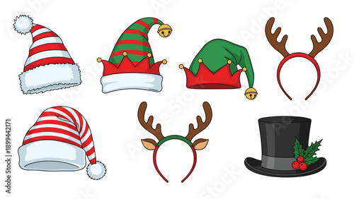 Selection of festive holiday headwear including Santa hats, elf hats, reindeer antlers, and a top hat with holly for celebrations.