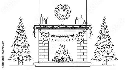 Cozy living room fireplace decorated for Christmas with a wreath, stockings, candles, garland, and two festive trees in line art.