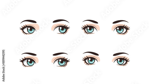 Eight pairs of beautiful teal eyes with different expressions and gazes shown in a detailed manga or anime illustration style.