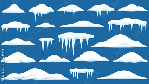 Collection of various snow caps and hanging icicles designed for winter scenery decorations and cold weather graphic elements.