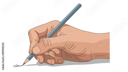 Close up illustration of a human hand holding a blue pencil while drawing or writing on a surface with artistic sketch marks.