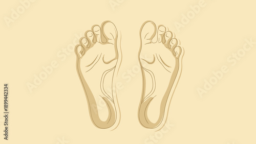 Top down view of two human footprints in a sandy or soft earth texture presented in a simple sketch illustration style.