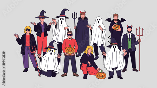 Group of people dressed in various halloween costumes including ghosts, witches, devils, and vampires posing for a party.