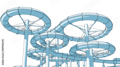 Low angle view of complex water slide structures with multiple blue tubes and support pillars in a recreation park illustration.