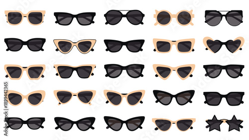Large assortment of stylish sunglasses in various frame shapes and colors including cat eye, round, and star designs.
