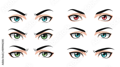 Collection of various anime and manga style eye designs in different colors like blue, green, and red with expressive looks.