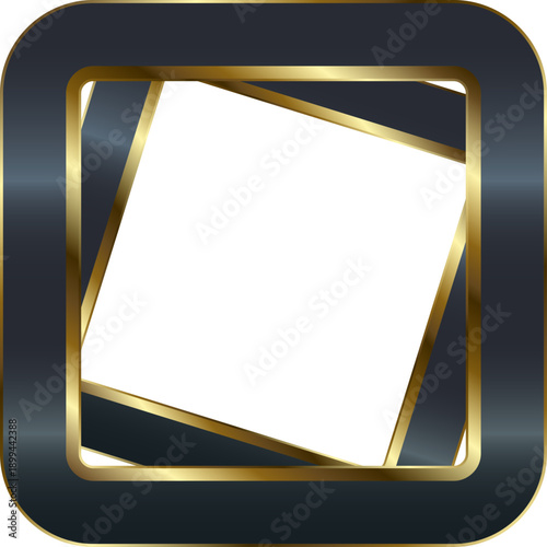 ブラックとダークネイビーの重厚な背景に金色の立体フレームが斜めに配置された高級感あふれる抽象デザイン、文字入れ可能なラグジュアリーフレーム背景素材