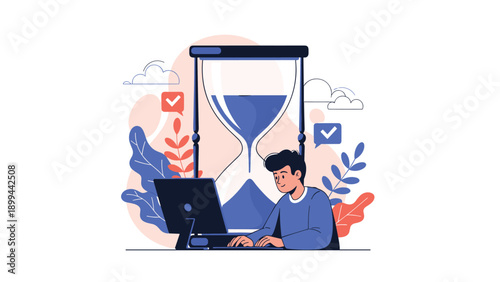 Professional man working on a computer in front of a giant hourglass representing time management and project deadlines.