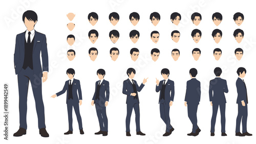 Character design sheet for a businessman in a dark suit featuring multiple facial expressions and full-body poses for animation.