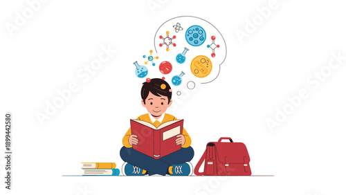 Young boy sitting on the floor reading a book while scientific icons and chemical symbols float in a speech bubble above him.