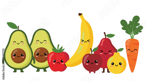 Group of cute fruit and vegetable characters with faces including avocados, tomato, banana, apple, pear, and a carrot.