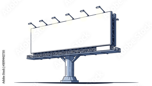Large blank outdoor billboard structure with spotlights on a steel frame, ready for advertisement placement against white.