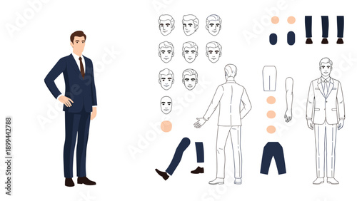 Businessman character kit in a dark blue suit with various facial expressions, poses, and limbs for animation or design.