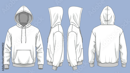 Technical fashion template showing four views of a plain white hooded sweatshirt including front, back, and both side profile perspectives.