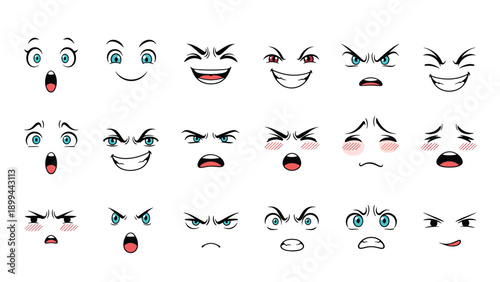 Large collection of expressive anime or manga style faces showing a wide range of emotions like surprise, anger, happiness, and blush.