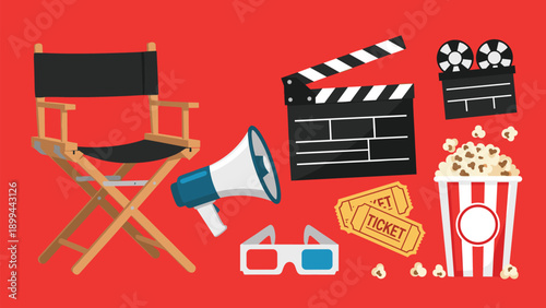 Collection of movie production elements on a red background featuring a director chair, clapperboard, megaphone, popcorn, and 3D glasses.