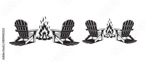 Adirondack chairs with campfire black and white vintage style illustrations isolated on white background