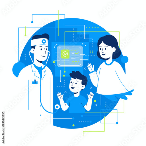 A caring doctor consults with a young boy and his mother, illustrating modern pediatric healthcare and digital medical advancements.