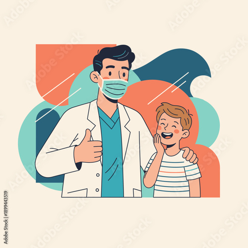 A friendly male doctor wearing a protective face mask gives a reassuring thumbs-up to a happy young boy, symbolizing successful pediatric care and trust.