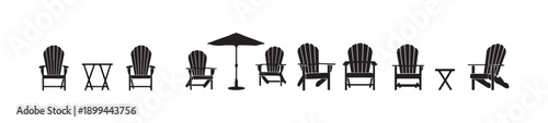 Adirondack chairs and tables with umbrella vector silhouette collection for outdoor patio and garden furniture