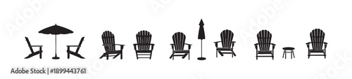 Adirondack chair and umbrella vector silhouette collection for outdoor relaxation leisure and patio furniture