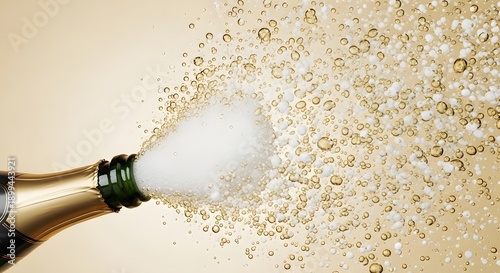 A close-up view of a champagne bottle pouring out sparkling bubbles