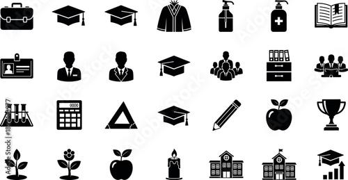 Large set of black education icons featuring graduation caps, school buildings, teachers, students, books, and laboratory equipment for academic web design and university projects.
