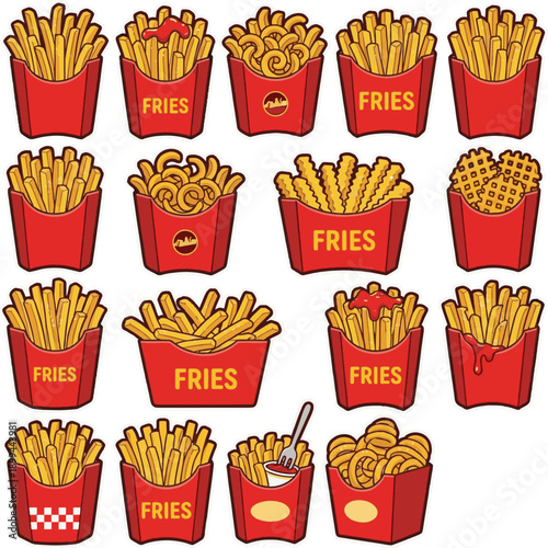 Cute French Fries Vector Sticker. Golden crispy potato chips in red carton box isolated