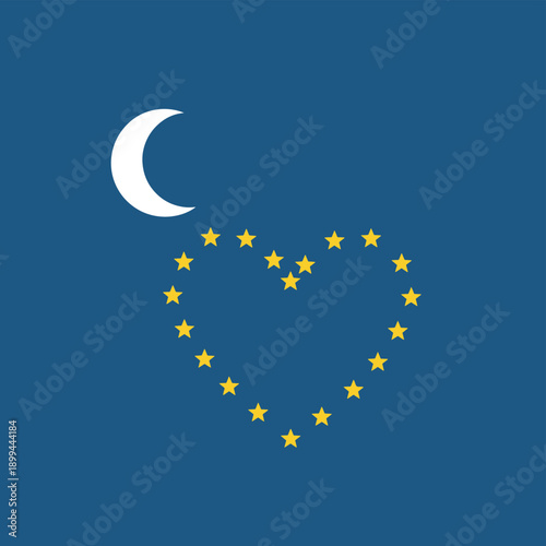 A crescent moon shines above a heart formed by yellow stars against a dark blue backdrop, symbolizing love and celestial beauty.