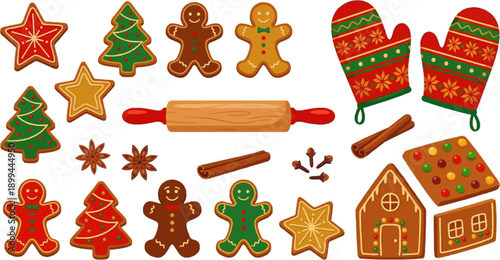 Christmas baking gingerbread cookies rolling pin oven mitts festive holiday treats icon set flat design