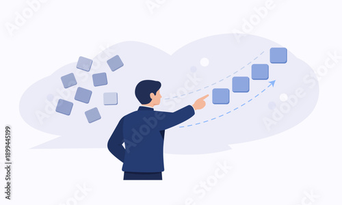 Flat vector illustration of a man guiding a digital strategy path with step-by-step progress blocks and upward direction. 