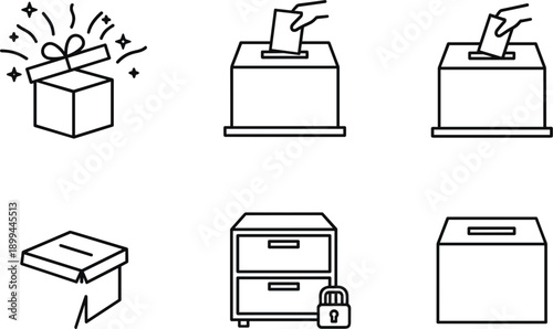 Ballot box and secure container icons set featuring voting, election participation, storage, and protection symbols outline design concepts