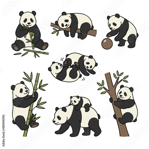 パンダの親子と様々なポーズのイラストセット バリエーション