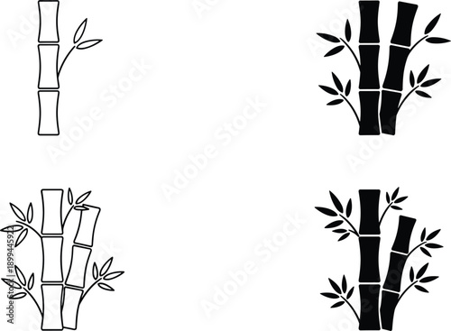 Bamboo plant icons set featuring single and grouped stems with leaves in outline and solid styles design concepts