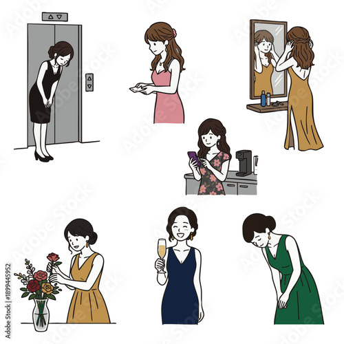 キャバクラやパーティーで接客するドレス姿の女性イラストセット