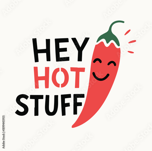Chili Pepper Cartoon Line Art – Black-and-White Illustration with Smiling Face, Heat Lines, and Text “Hey Hot Stuff”