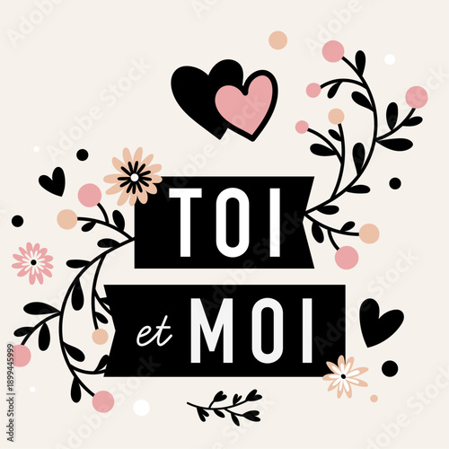 Illustration avec le texte « Toi et moi », entouré de fleurs et de cœurs, dans un style doux, romantique et décoratif.