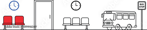 Bus stop waiting area icons set featuring seating clocks door and public transport station scene illustration design vector