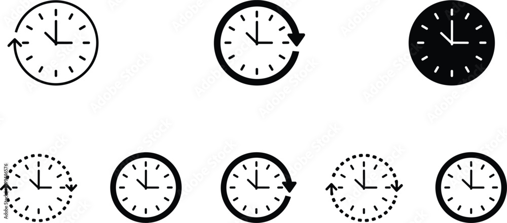 Fototapeta premium Clock time rotation icons set featuring circular arrows, refresh symbols, and analog timers in outline and solid styles