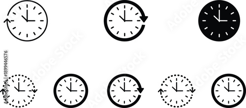 Clock time rotation icons set featuring circular arrows, refresh symbols, and analog timers in outline and solid styles