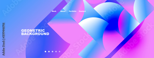 Abstract geometric background. Vibrant pinks, blues blend. Website header with navigation options present. Modern design elements visible.