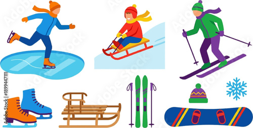 Winter sport activities icon set with children playing skiing snowboarding skating and sledding fun outdoor elements flat design