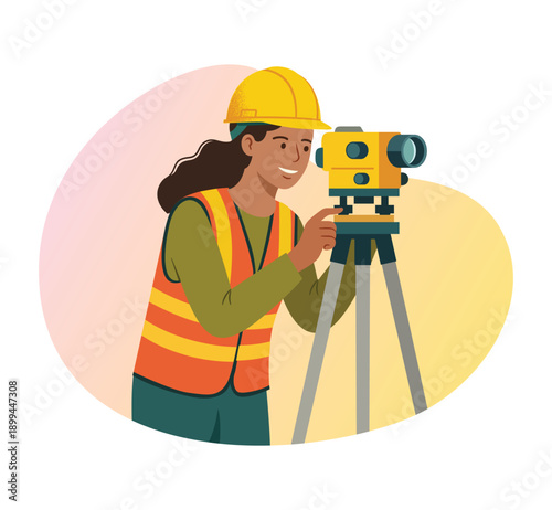 Woman engineer using surveying equipment on a construction site. Female Civil Engineer Using Surveyor Level Theodolite on Tripod.
