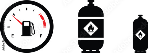 Fuel level gauge and gas cylinder icons set featuring energy measurement and flammable storage symbols for safety concepts